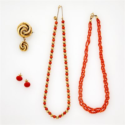 Lot 1167 - Braided Coral Bead Necklace, Gold and Coral Bead Necklace and Pair of Button Coral Earrings and Gold Brooch