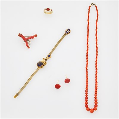 Lot 1161 - Coral Bead Necklace, Branch Coral and Cultured Pearl Brooch, Gold and Coral Ring, Pair of Button Coral Earrings and Gold Bracelet