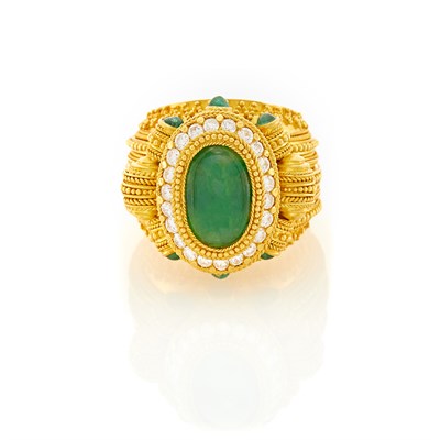 Lot 1191 - High Karat Gold, Jade, Diamond and Cabochon Emerald Ring
