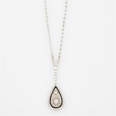 Lot 1118 - Long Platinum, Diamond and Black Enamel Necklace