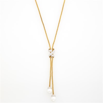 Lot 1265 - Two-Color Gold, South Sea Cultured Pearl and Diamond Lariat Necklace