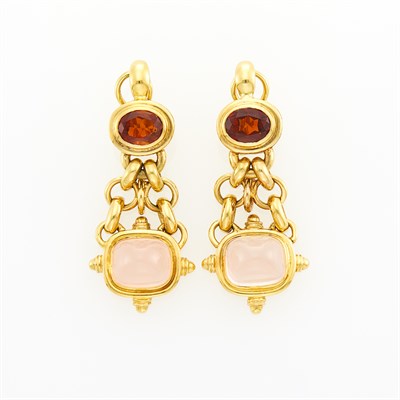 Lot 1300 - Pair of Gold, Citrine and Rose Quartz Pendant-Earrings