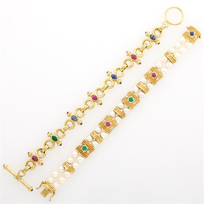 Lot 1060 - Two Gold, Cultured Pearl, Diamond and Gem-Set Bracelets