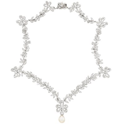Lot 35 - Belle Époque Platinum, Diamond and Natural Pearl Necklace