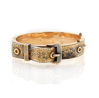 Lot 140 - Antique Gold and Black Enamel Buckle Bangle Bracelet