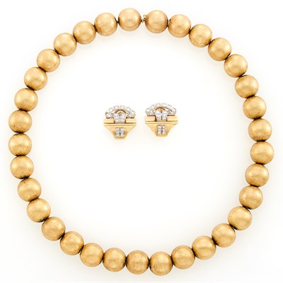 Lot 149 - Pair of Gold, Platinum and Diamond Earclips and Gold Bead Necklace