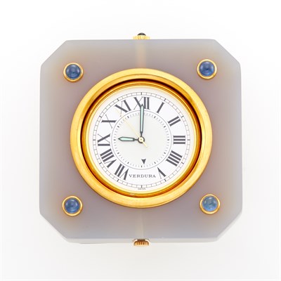 Lot 1045 - Verdura Brass, Gold, Agate and Cabochon Sapphire Desk Clock