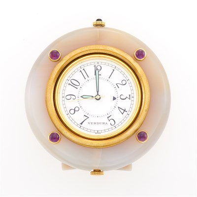 Lot 1011 - Verdura Brass, Gold, Agate and Cabochon Amethyst Desk Clock