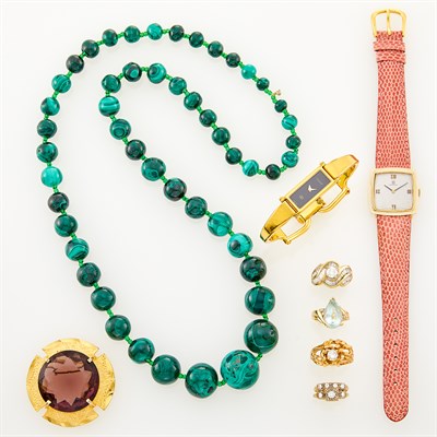 Lot 1242 - Four Gold, Diamond and Aquamarine Rings, Malachite Bead Necklace, Omega Gold Wristwatch, Gucci Wristwatch and Pin