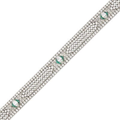 Lot 123 - Platinum, Diamond and Emerald Bracelet