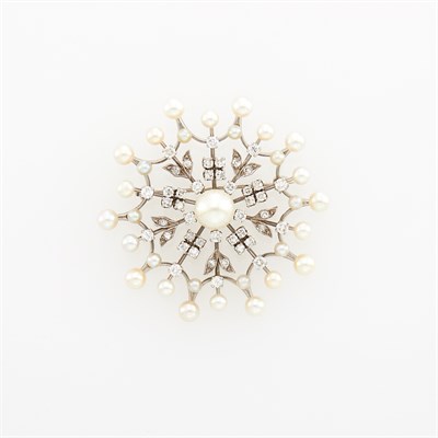 Lot 1087 - White Gold, Cultured Pearl and Diamond Snowflake Brooch