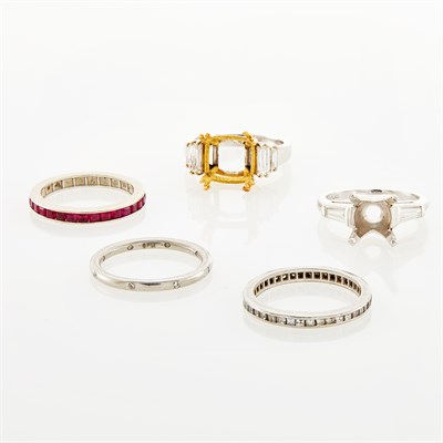 Lot 1253 - Two Platinum, Gold and Diamond Ring Mountings and Two Platinum and Diamond Band Rings and Synthetic Ruby Ring Guard