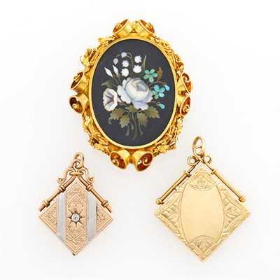 Lot 1147 - Antique Gold Pietra Dura Pendant-Brooch and Two Book Locket Charms