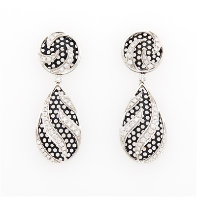 Lot 95 - Pair of White Gold, Black Rhodium and Diamond Pendant-Earrings