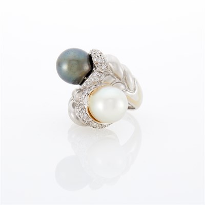 Lot 174 - White Gold, Tahitian Gray, South Sea Cultured Pearl and Diamond Bypass Ring
