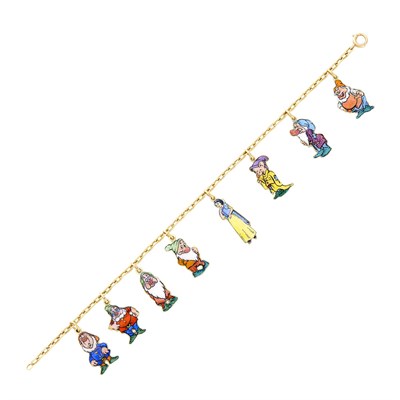 Lot 90 - Cartier, Disney Gold and Enamel 'Snow White and the Seven Dwarfs' Charm Bracelet