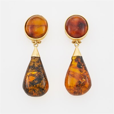 Lot 1044 - Pair of Gold and Amber Pendant-Earclips