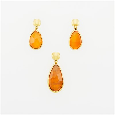 Lot 1287 - Pair of Gold and Fire Opal Pendant-Earrings and Pendant