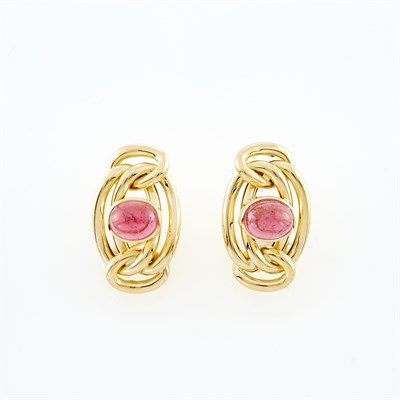 Lot 1290 - Pair of Gold and Cabochon Pink Tourmaline Earrings