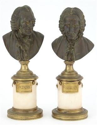 Lot 100 - Two French Patinated Bronze Busts of Voltaire...