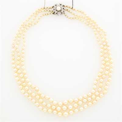 Lot 135 - Triple Strand Cultured Pearl Necklace with White Gold and Diamond Clasp, France