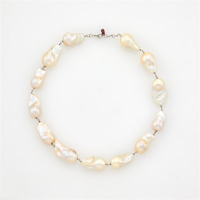 Lot 1113 - Baroque Freshwater Pearl, White Gold and Pink Sapphire Bead Necklace