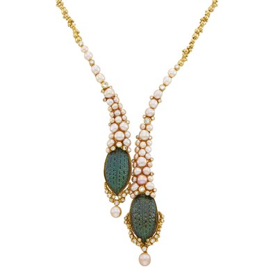 Lot 14 - Gilbert Albert Gold, Beetle Shell, Freshwater Pearl and Diamond Necklace and Pair of Pendant-Earclips