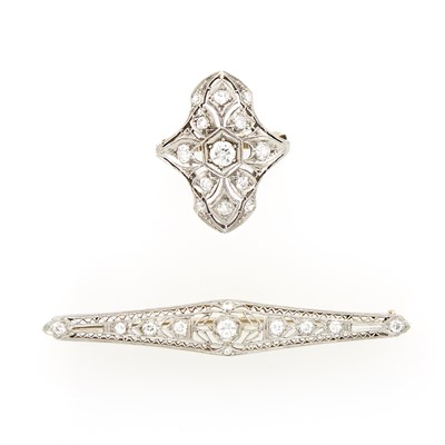 Lot 1122 - Platinum and Diamond Ring and Filigree Bar Pin