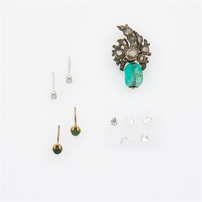 Lot 1156 - Antique Silver, Emerald Bead and Diamond Pendant, Two Pairs of Stud Earrings and Group of Unmounted Diamonds