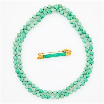 Lot 1190 - Long Jade Bead Necklace and Jade and Silver-Gilt Bar PIn