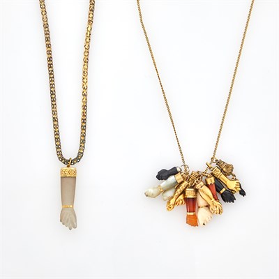 Lot 1154 - Two Gold and Silver Figa Charm Necklaces