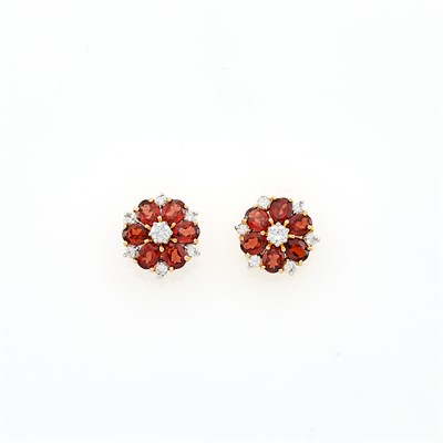 Lot 1098 - Pair of Gold, Garnet and Diamond Flower Earrings