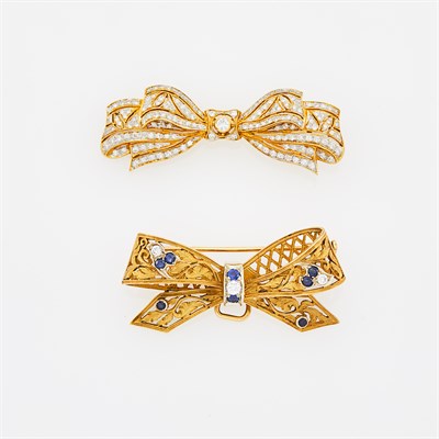 Lot 1213 - Gold and Diamond Bow Brooch and Gold, Sapphire and Diamond Bow Pendant-Brooch