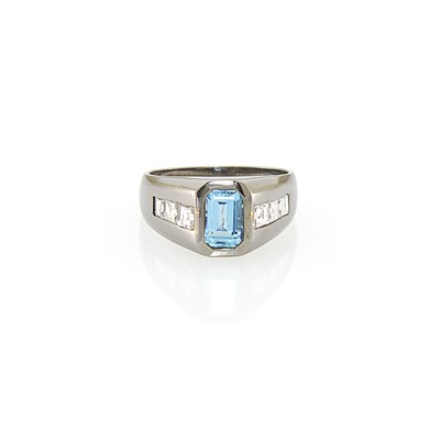 Lot 1115 - Blackened White Gold, Aquamarine and Diamond Ring