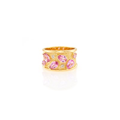 Lot 1021 - Gold, Pink Tourmaline and Diamond Band Ring