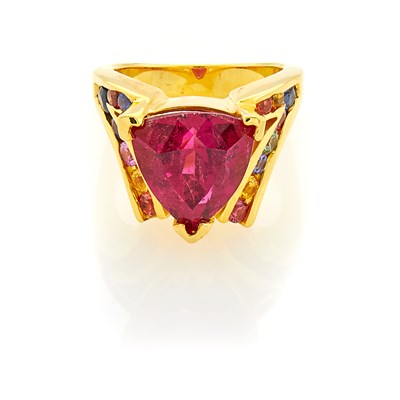 Lot 71 - Gold, Pink Tourmaline and Multicolored Sapphire Ring