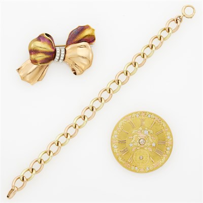 Lot 1064 - Two-Color Gold Curb Link Bracelet, Bow Brooch and Variegated Gold and Diamond Pendant