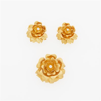 Lot 1172 - Gold and Diamond Rose Brooch and Pair of Earclips