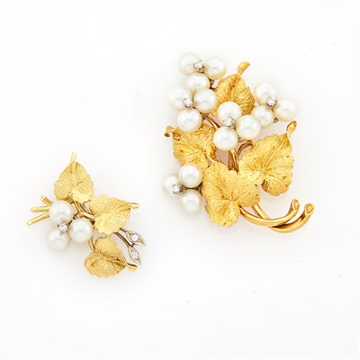 Lot 1174 - Gold, Cultured Pearl and Diamond Leaf Brooch and Pendant