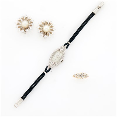 Lot 1082 - Pair of White Gold, Cultured Pearl and Diamond Earclips, Diamond Wristwatch and Antique Diamond Ring
