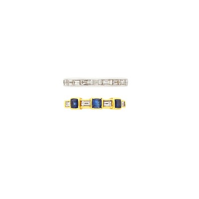 Lot 1061 - Gold and Sapphire Band Ring and Platinum and Diamond Band Ring