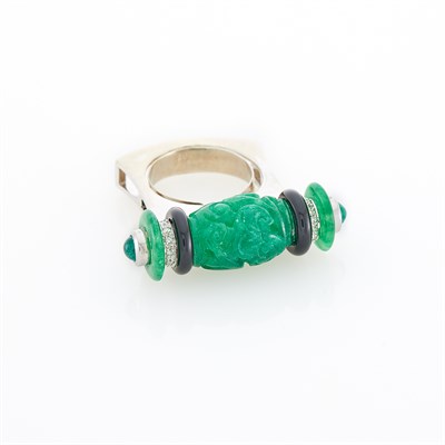 Lot 119 - White Gold, Carved Jade, Black Onyx, Cabochon Emerald and Diamond Ring