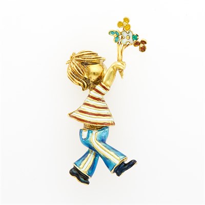 Lot 155 - Gold, Multicolored Enamel and Emerald Child Brooch