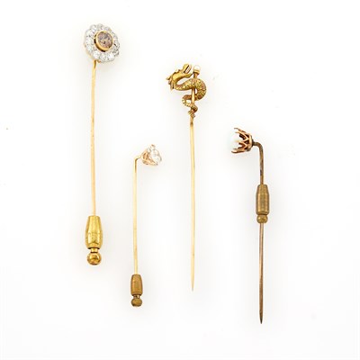 Lot 1136 - Four Antique Gold, Platinum, Gold and Gem-Set Stickpins
