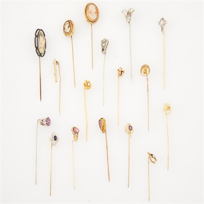 Lot 1144 - Seventeen Antique and Period Two-Color Gold, Platinum, Silver, Diamond, Gem-Set and Synthetic Stone Stickpins