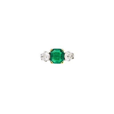 Lot 49 - Platinum, Gold, Emerald and Diamond Ring, France