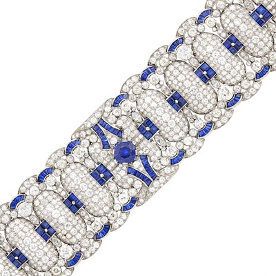Lot 93 - Maurice St. Gaudens Wide Platinum, Sapphire and Diamond Bracelet