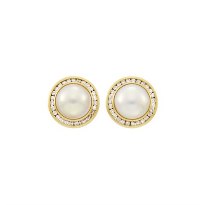 Lot 82 - Tiffany & Co. Pair of Gold, Mabé Pearl and Diamond Earclips