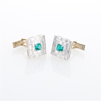 Lot 109 - Pair of White Gold, Emerald and Diamond Cufflinks