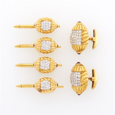 Lot 186 - Gold, Diamond, Ruby and Cabochon Ruby Dress Set